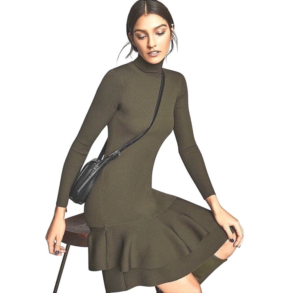 Reiss Finn Ruffle Hem Knitted Dress Olive Green Ribbed Turtleneck Mini Size S